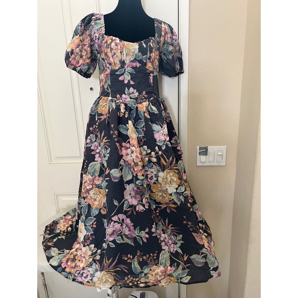 Lulus Adorable Black Whimsigoth Smocked Back Cottagecore Floral MIdi Dress Sz M